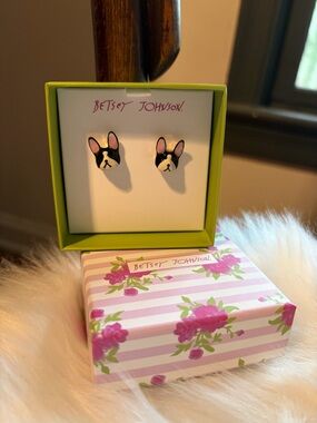 Betsey Johnson Black and Pink French Bulldog Stud Earrings